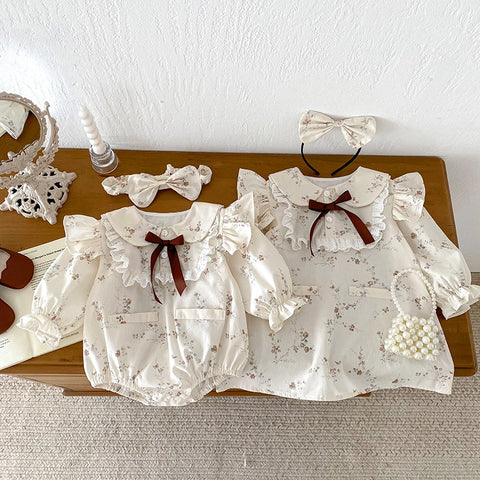 Baby Girl Floral Lace Collar Romper | Long Sleeve Bow Playsuit