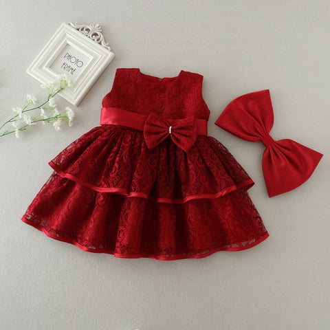 Baby Girl Red Lace Bow Party Dress with Headband