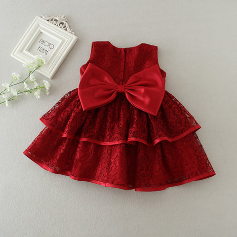Baby Girl Red Lace Bow Party Dress with Headband