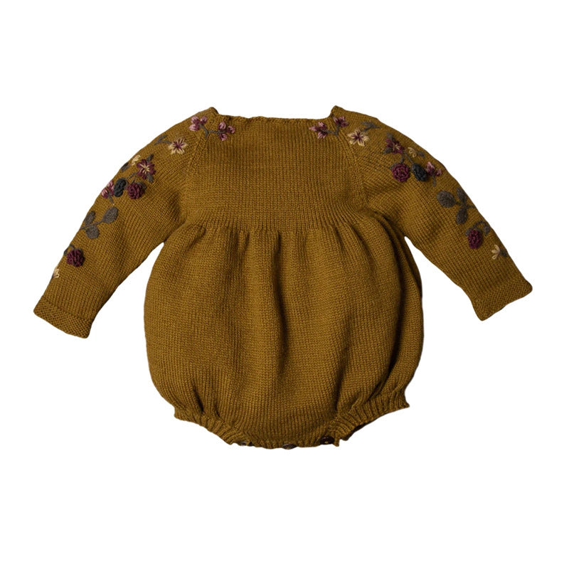 Baby Wool Knitted Romper | Embroidered Long Sleeve Onesie