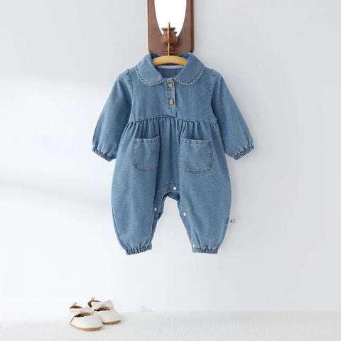 Baby Denim Romper | Peter Pan Collar Long Sleeve Jumpsuit