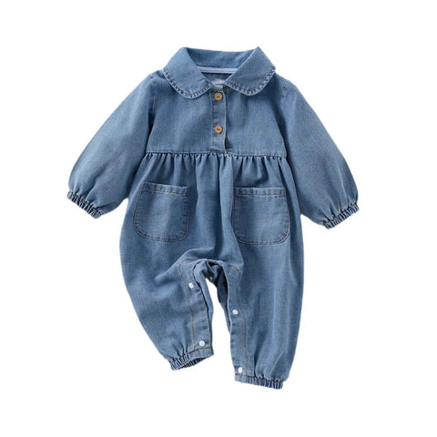 Baby Denim Romper | Peter Pan Collar Long Sleeve Jumpsuit