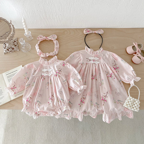 Baby Girl Triangle Romper Dress | Retro Tang Style Jumpsuit
