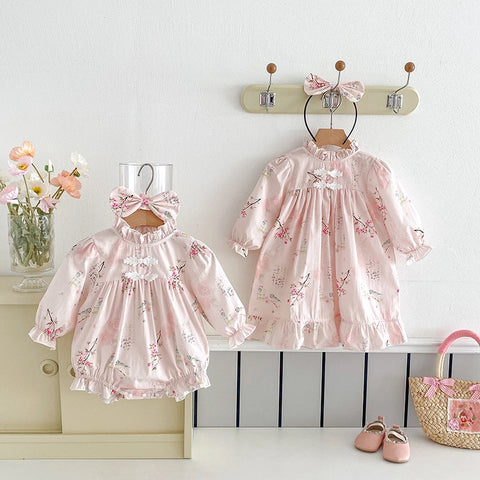 Baby Girl Triangle Romper Dress | Retro Tang Style Jumpsuit