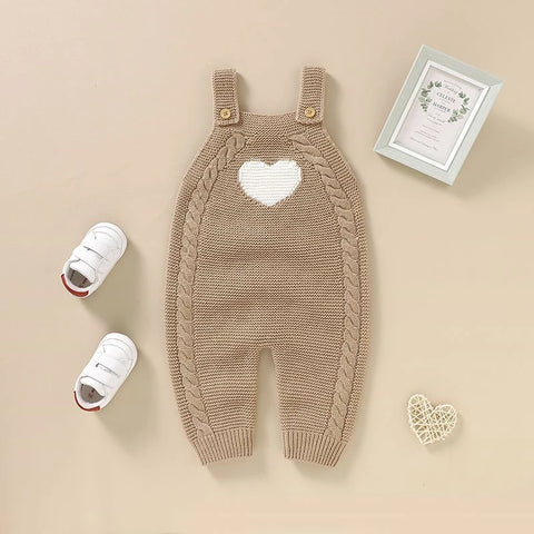 Baby Knitted Dungaree Romper | Cable Knit Heart Jumpsuit