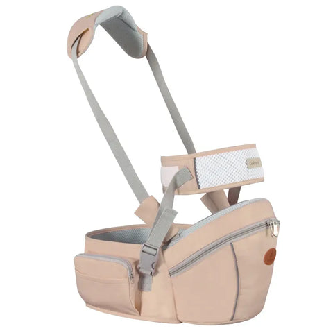 Beige baby carrier with gray straps on a white background