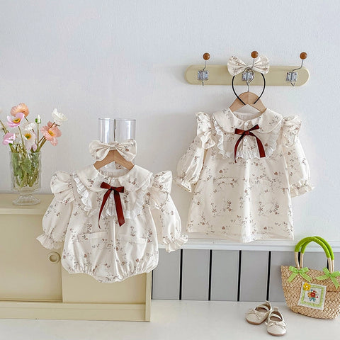 Baby Girl Floral Lace Collar Romper | Long Sleeve Bow Playsuit