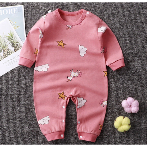 Baby Printed Romper | Cotton Long Sleeve Faux Dungaree Jumpsuit