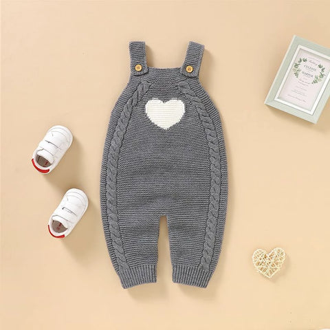 Baby Knitted Dungaree Romper | Cable Knit Heart Jumpsuit
