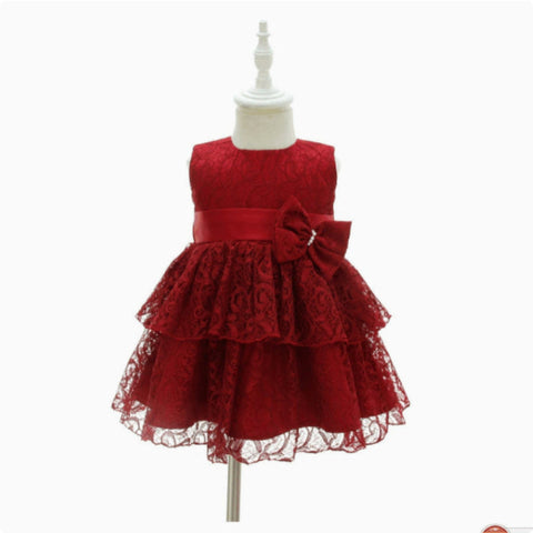 Baby Girl Red Lace Bow Party Dress with Headband