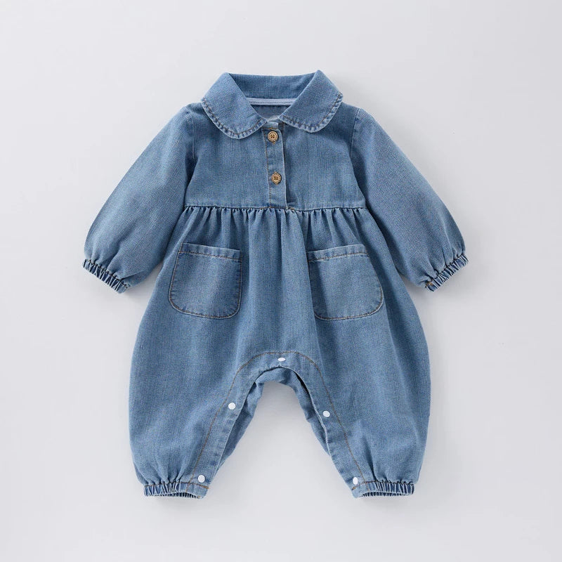 Baby blue denim romper with peter pan collar