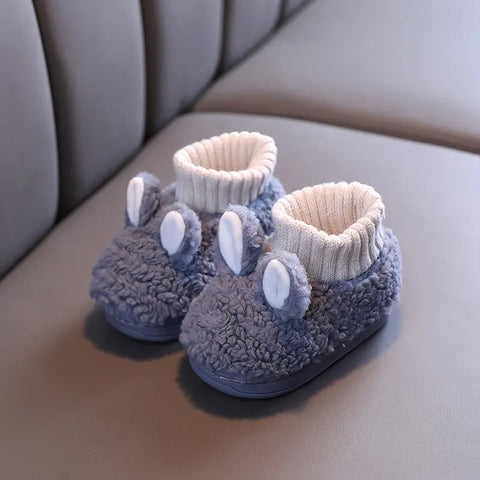 Baby fluffy blue bunny ear boot slippers winter