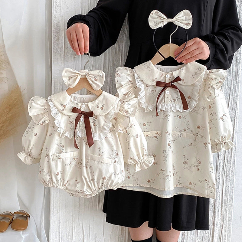 Baby girl floral lace collar romper with bow