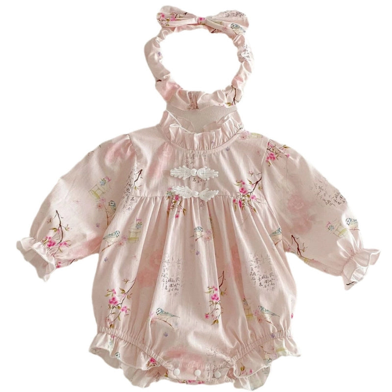 Baby girl pink floral retro Tang style romper dress