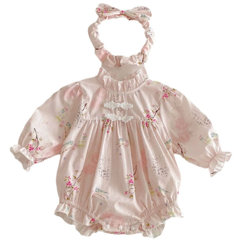 Baby girl pink floral retro Tang style romper dress