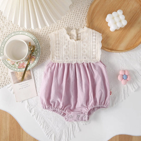 Baby girl pink lace sleeveless romper summer playsuit