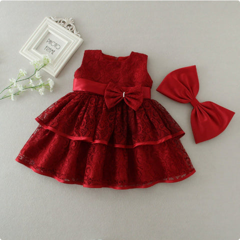 Baby girl red lace tutu dress with bow and headband