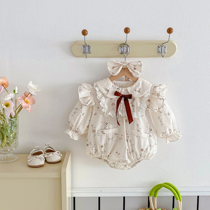 Baby long sleeve romper ruffle lace collar cream