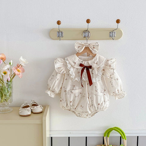 Baby long sleeve romper ruffle lace collar cream
