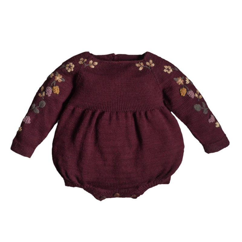 Baby wool onesie with floral embroidery and long sleeves