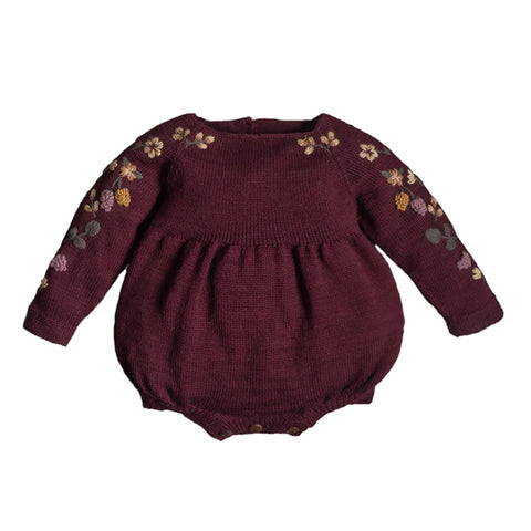 Baby wool onesie with floral embroidery and long sleeves