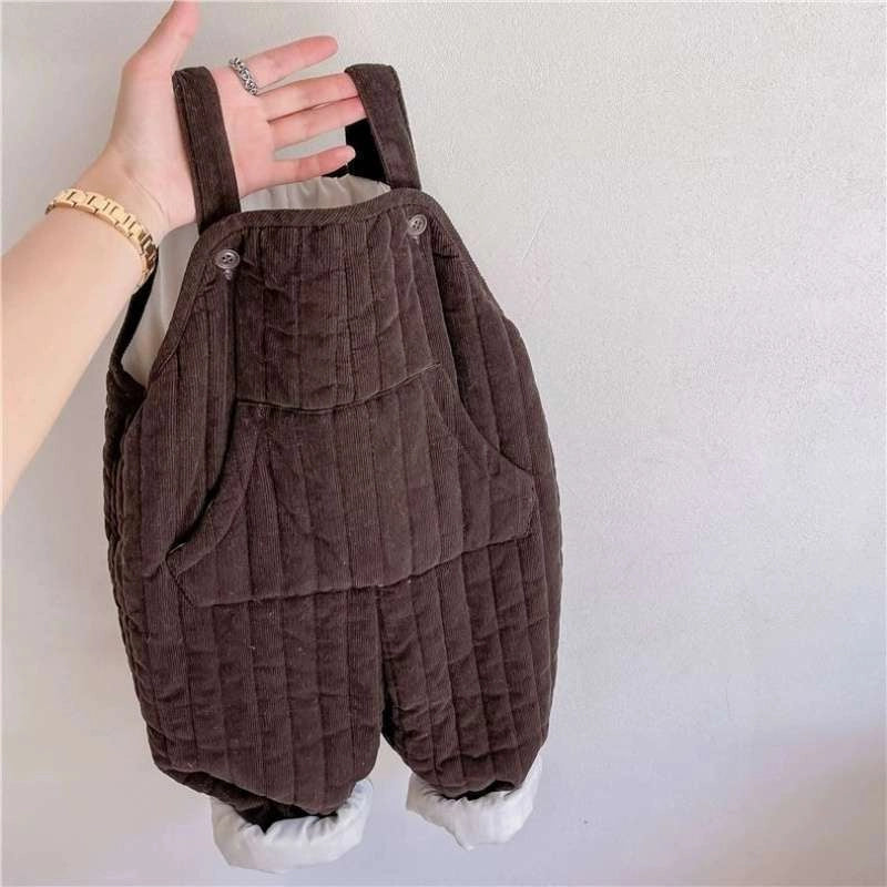 Brown corduroy quilted baby dungarees overalls