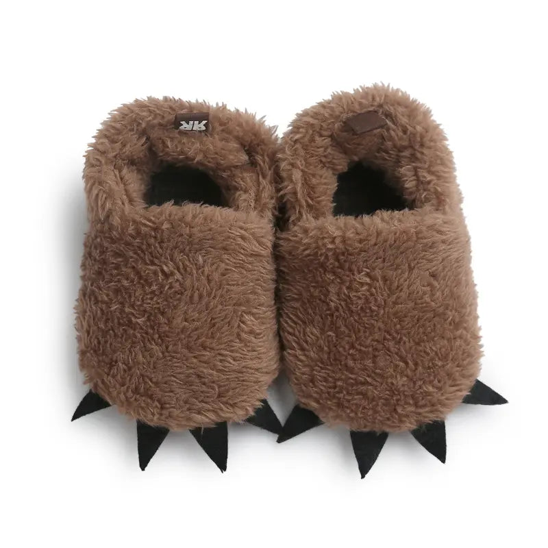 Brown plush baby slippers with cute animal spike design
