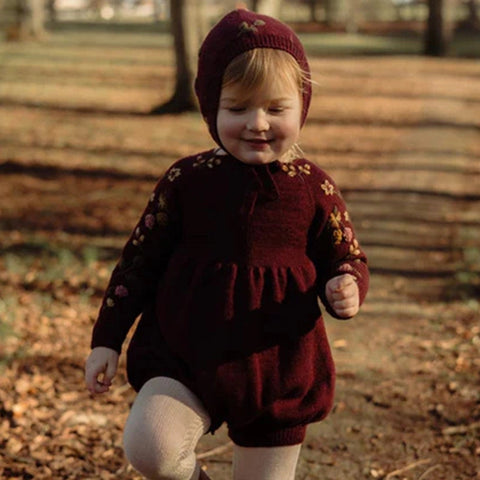 Burgundy embroidered wool baby knitted romper with long sleeves