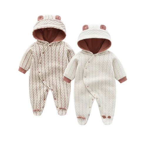 Newborn Bear Hood Footed Romper | Quilted Long Sleeve Jumpsuit
