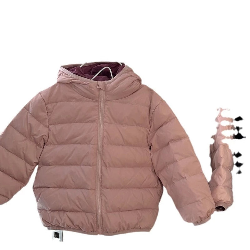 Children's puffer jacket colours pink black purple khaki