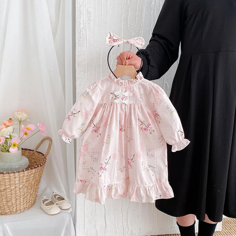 Cotton floral print baby romper with ruffle collar