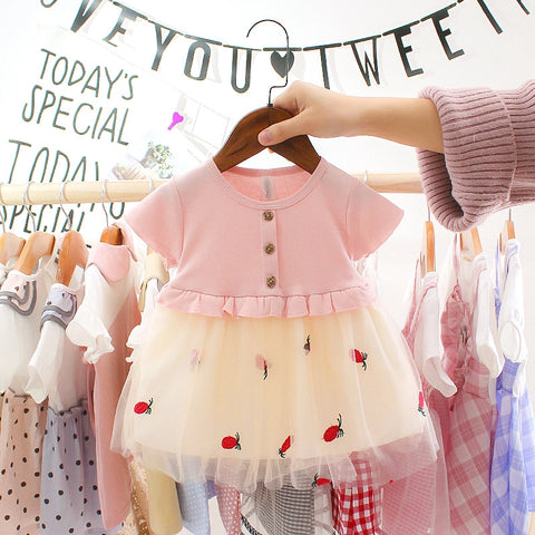 Cotton striped baby dress with tulle skirt short sleeve