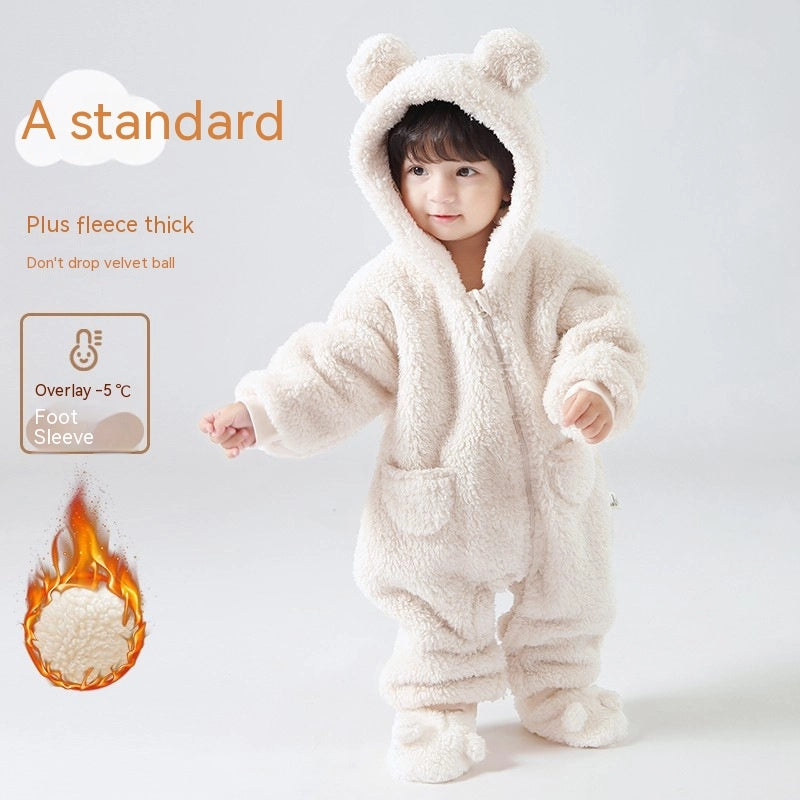 Cream fleece baby hooded winter jumpsuit with bear ears