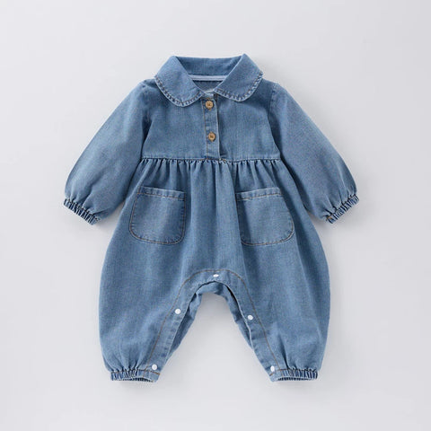 Baby Denim Romper | Peter Pan Collar Long Sleeve Jumpsuit