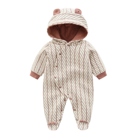 Newborn Bear Hood Footed Romper | Quilted Long Sleeve Jumpsuit