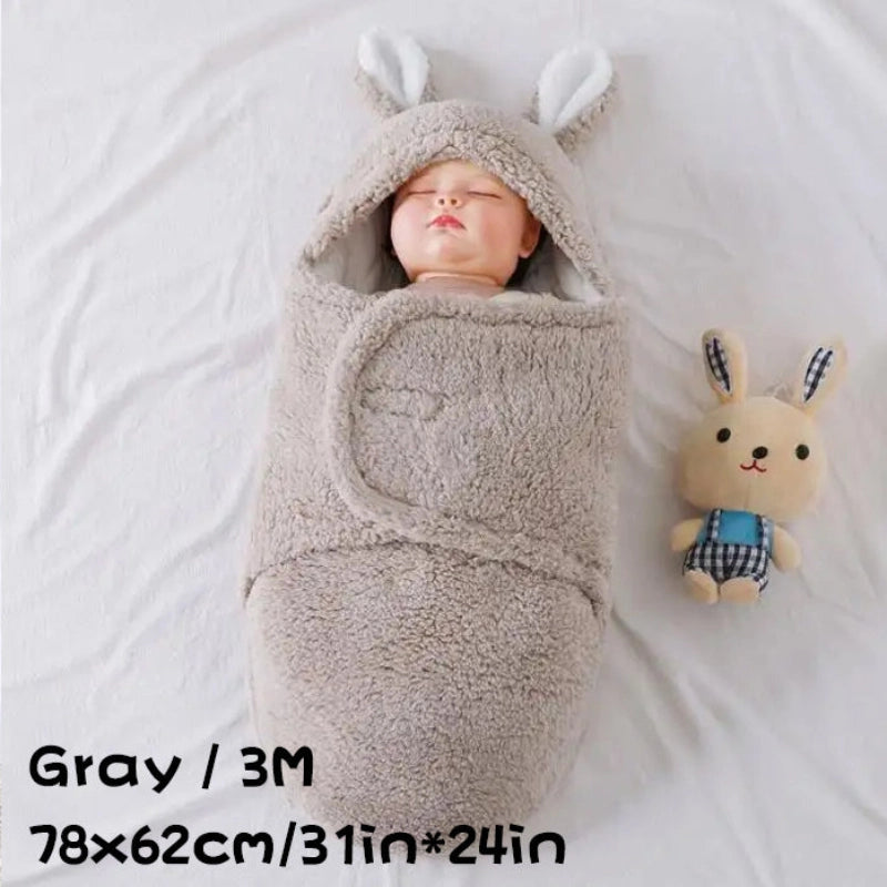 Fluffy hooded baby swaddle wrap with bunny ears