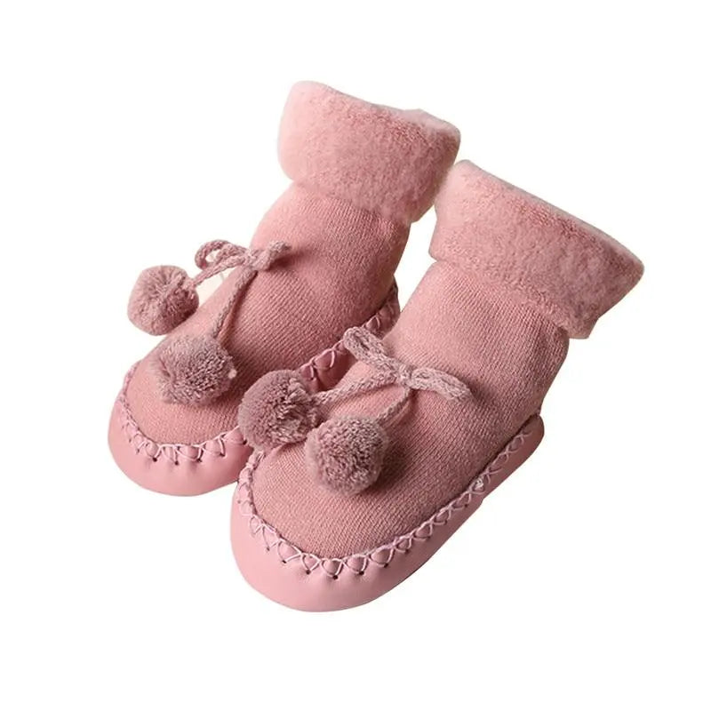Grey baby fleece booties with pom pom ties