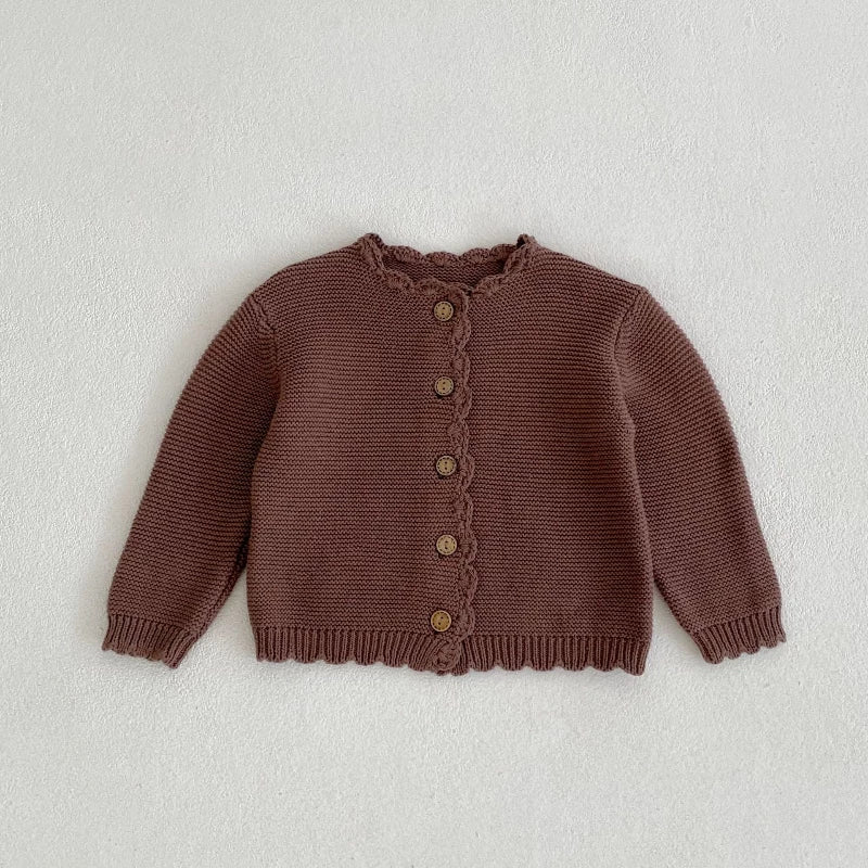 Khaki and milk apricot baby cardigan scalloped trim