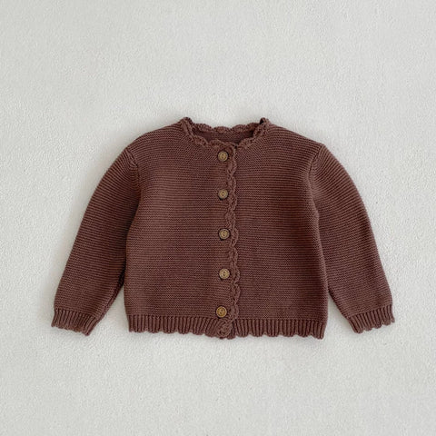 Khaki and milk apricot baby cardigan scalloped trim