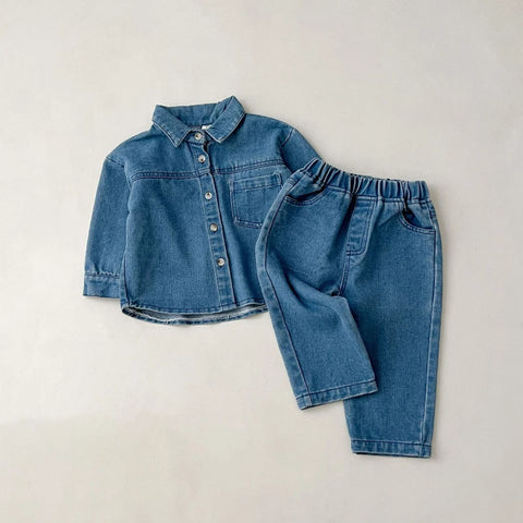 Light blue and dark blue denim outfit for kids