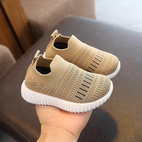 Kids khaki knit slip on trainers breathable