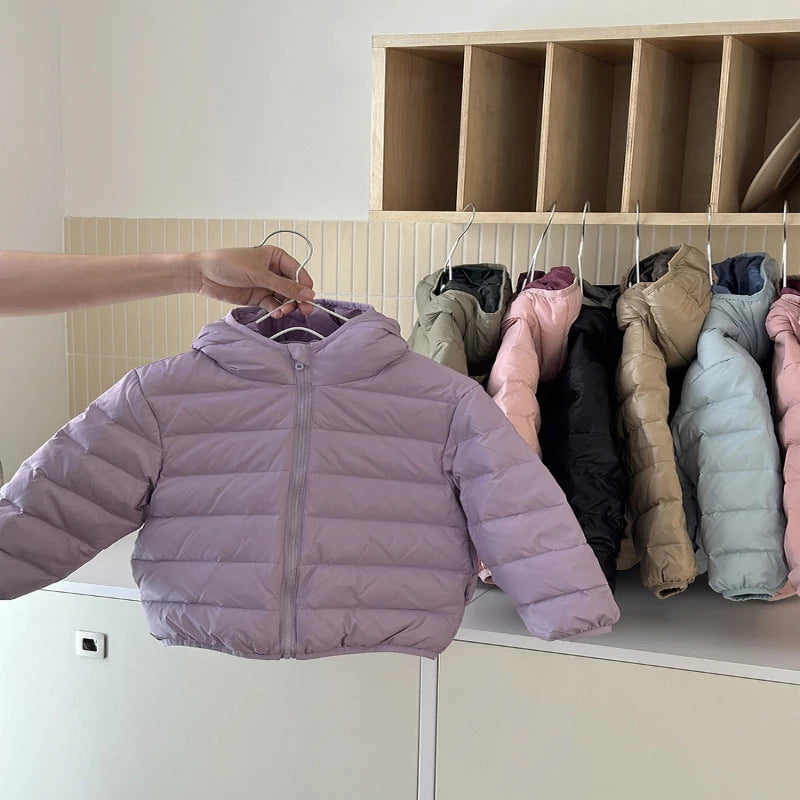 Purple lightweight hooded puffer jacket for kids