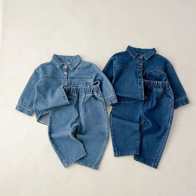 Kids retro denim shirt and trousers two-piece set