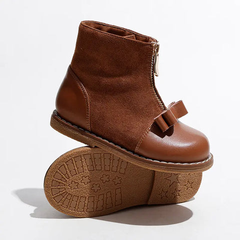 Kids zip up ankle boots suede leather bow