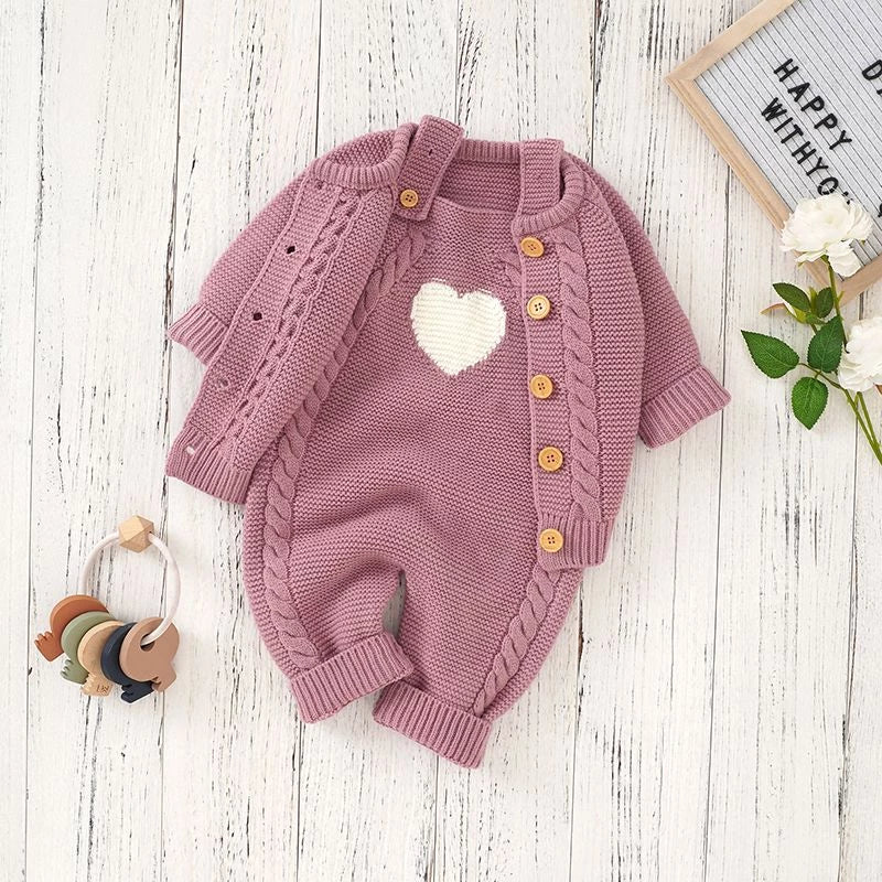Knitted baby romper button strap heart pattern