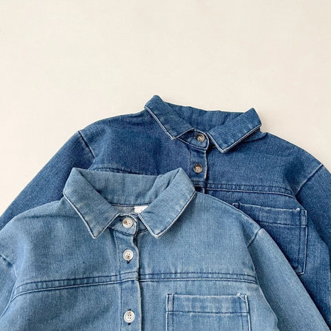 Korean style kids denim shirt with elastic waist jeans
