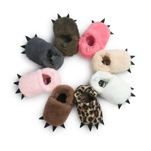 Leopard print plush baby slippers with soft flexible soles
