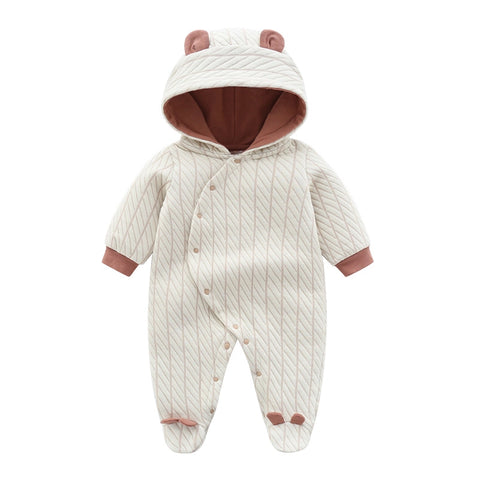 Newborn quilted bear hood footed romper cream