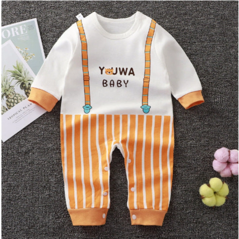 Orange striped baby romper with faux dungaree print