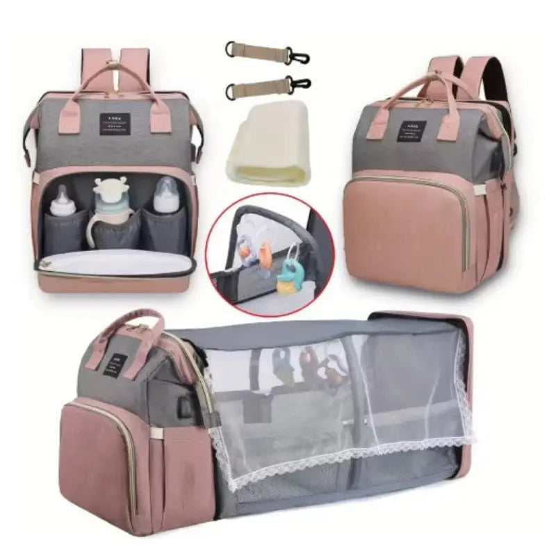 Pink grey baby changing backpack with bottle pockets